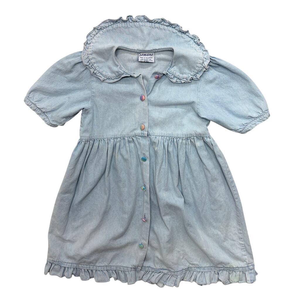 Vintage Samara Dress Small 6X Girls Blue Ruffles Denim Peter Pan Collar 90s